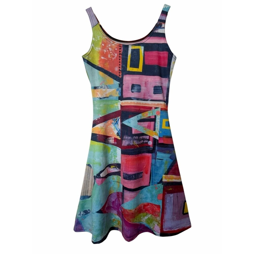 Iggyart Women Abstract Multi-Color Sleeveless Scoop Flare Dress Size S Stretch